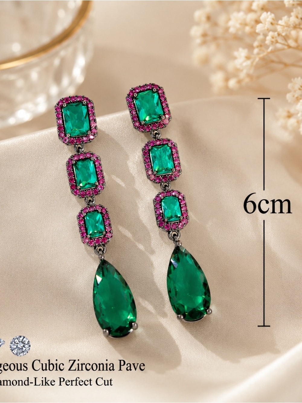 Emerald Green Drop Earrings | Statement Dangle Earrings - Picture 4 of 6